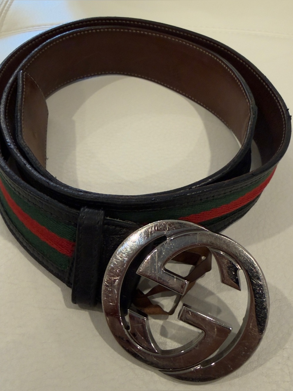 Gucci Black Leather Belt with Green and Red Web Stripe and Silver GG Buckle